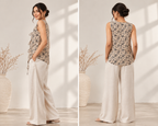 Beige Black Florals Women Waistcoat