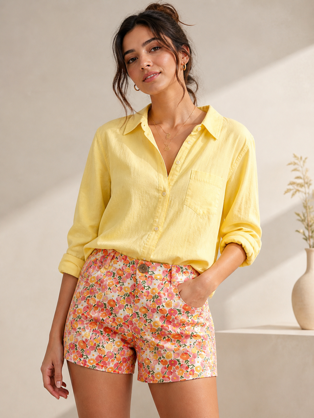 Marigold Muse Women Floral Regular Fit Easy Pull On Corduroy Cotton Shorts