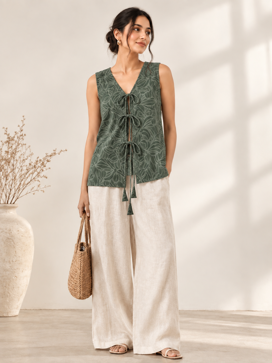 Olive Green Petals Women Waistcoat