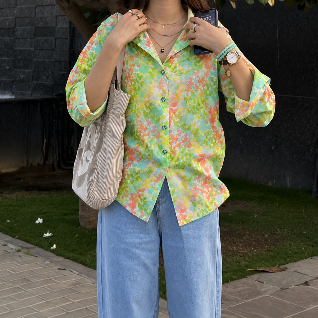 Green Summer Women Abstract Regular Fit Cotton Airjet Shirt