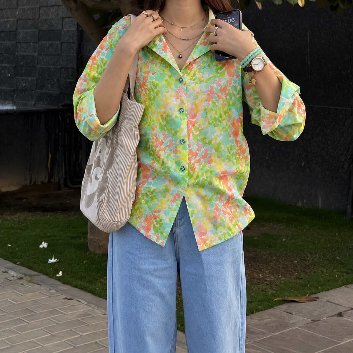 Green Summer Women Abstract Regular Fit Cotton Airjet Shirt